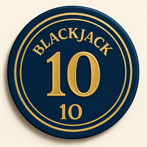 "Crea un asset para una ficha de casino de $10 para Blackjack.
Color Principal: Azul zafiro profundo o un azul medianoche.
Borde/Detalles: Dos o tres franjas finas en un color que contraste, como blanco o dorado.
Valor: El número '10' grande y claro en el centro, en dorado o blanco, con una tipografía de casino.
Estilo: Lujoso, elegante, coherente con 'La Tentación Dorada'.".
In-Game asset.  2d.  High contrast.  No shadows que el texto blackjack ete arriba