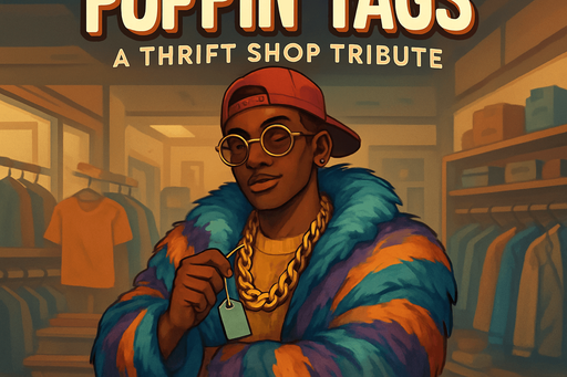 portrait banner, high definition, for a game titled "Poppin' Tags: A Thrift Shop Trubute"