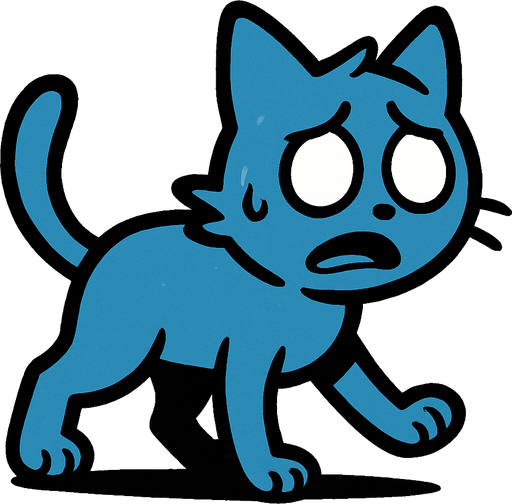 Un gato azul sin pupilas preocupado caminando.
In-Game asset.  2d.  High contrast.  No shadows