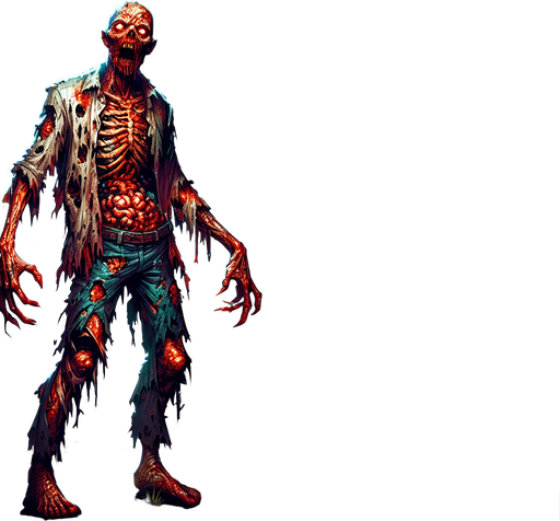 Zombie.
Single Game Texture. In-Game asset. 2d. Blank background. High contrast. No shadows.