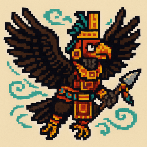 Generame un guerrero azteca con patrones, estilo pixelar, además será un Cóndor de los Andes, unidad voladora con alas, con efectos de viento.
In-Game asset.  2d.  High contrast.  No shadows