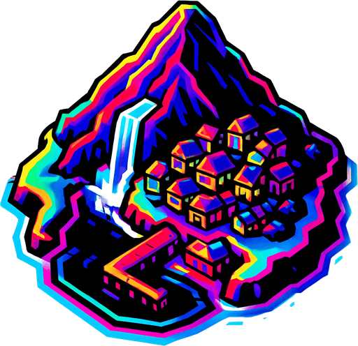 A small island centered with a large mountain taking up most of it with a waterfall on the south side and a fishing village just below it. Under the fishing village is a harbor with a single empty dock. The dock extends into a half open bay. 80s arcade machine inspire high definition graphics with 80s colored highlights. White background. Top down 3/4 view. 
In-Game asset.  2d.  High contrast.  No shadows