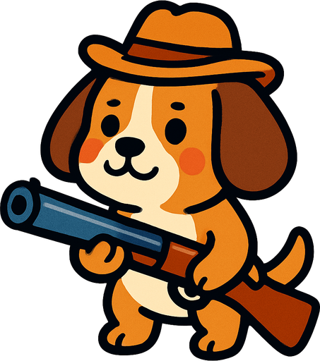 a dog cute dog with a hat and a shotgun.
In-Game asset.  2d.  High contrast.  No shadows