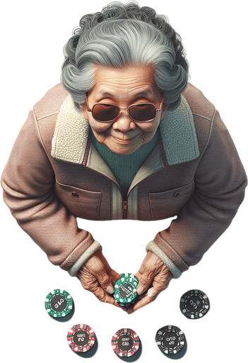 Top down image of an old lady carrying poker tokens wearing sunglasses. Single Game Texture. In-Game asset. 2d. Blank background. High contrast. No shadows.