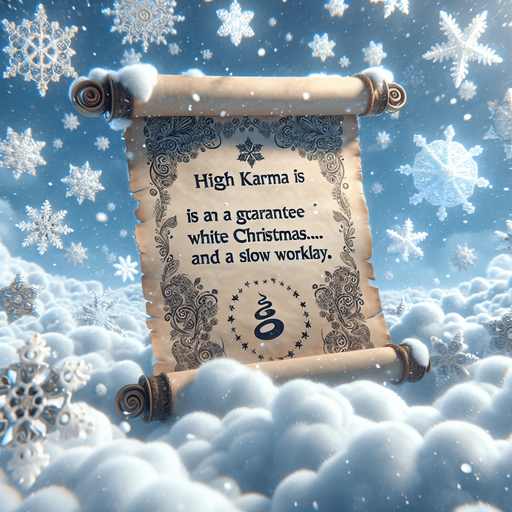 a pergament of many snowflakes in the sky. With a high good Karma Counter. There is the text "high karma is a guarantee for a white christmas... and a slowly workday"