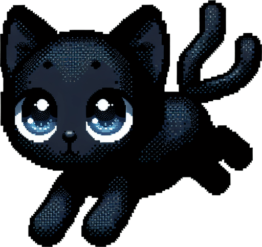 Flying, Cute black cat with blue eyes. Dot picture. Single Game Texture. In-Game asset. 2d. Blank background. High contrast. No shadows.