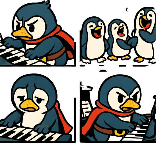 4-panel comic strip, no text, cute cartoon style, bright colors, black outlines.
Characters: Penguin Hero (small, determined) + Village Penguins
Central Theme: Music connects hearts, piano mastery wins love. Story: Hero faces challenges and obstacles in his musical journey

Panel 1: Hero struggles with difficult piano piece, frustrated
Panel 2: Other penguins mock his practicing, musical notes look harsh/jagged
Panel 3: Hero's flippers are sore, he looks exhausted
Panel 4: But Hero persists, practicing by moonlight, determined expression
In-Game asset.  2d.  High contrast.  No shadows