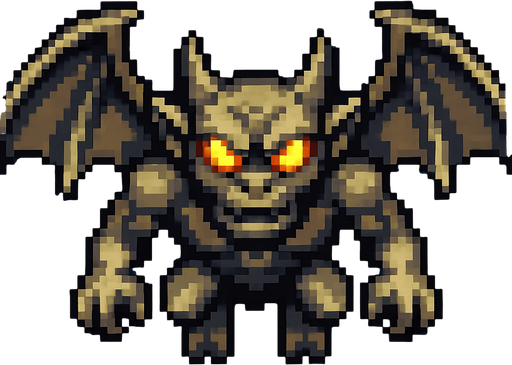 um gárgula voador com olhos brilhantes, pixel 32bits art style, vista aerea frontal.
In-Game asset.  2d.  High contrast.  No shadows
