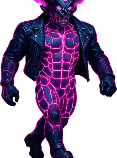 Black leather biker jacket longsleeves bare segmented neon cyberpunk pecs abs muscles robot monster hunk Neon cyberpunk 3d hologram corporate occult demon android mecha robot sentinel guard soldier machine monster fully in frame no part cut off no background anime futuristic Background removed, "Full-body character, entirely in frame, no cropping of face, head, or feet" "Complete character visible, from head to toe, fully centered in the image" "Entire character, including face and boots, fully within the frame" Character fully contained within a square frame, no edges cut off  horns through boots Walking animation forward