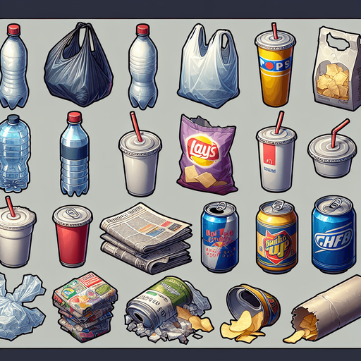 Big Sprite sheet of the most symbolic consumer waste: plastic bottle, plastic bag, can, newspaper sheet, empty hamburger wrapper, can, disposable cup with straw, opened bag of chips, opened can, and others....
game sprite sheet. blank background