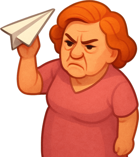 A lady ready to throw a paper plane. She has a pink dress and orange hair. She looks like she has been working in an office for 40 years. Make her look annoyed. Cute soft graphics. soft ambient light. semi-matte to satin surfaces. naturalistic with slight saturation boost colors. 
In-Game asset.  2d.  High contrast.  No shadows. top down. View from above.