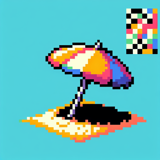 8bit. cartoon. umbrella beach..
Single Game Texture. In-Game asset. 2d. Blank background. High contrast. No shadows.