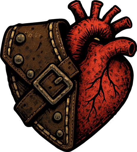 The hearts will be in a slightly old Mad Max style look and half will be inside the leather case.
In-Game asset.  2d.  High contrast.  No shadows