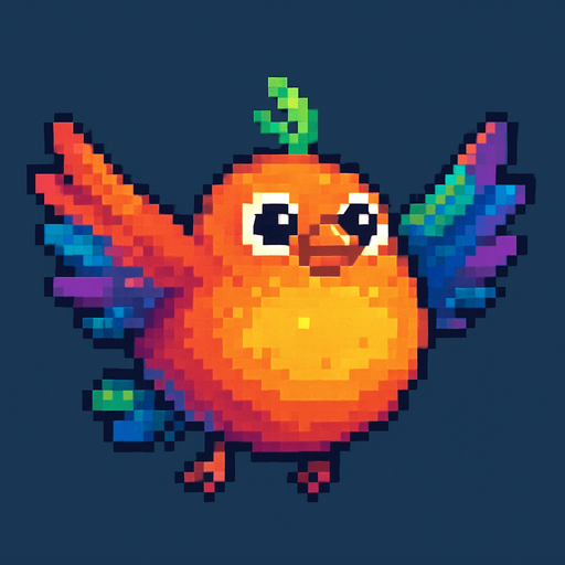 Big fat flaying bird ( Piksel art). Colorful. Cute. 
In-Game asset.  2d.  High contrast.