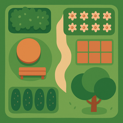 top view of a garden.
2d.  No shadows. In-game assetmodern, simple