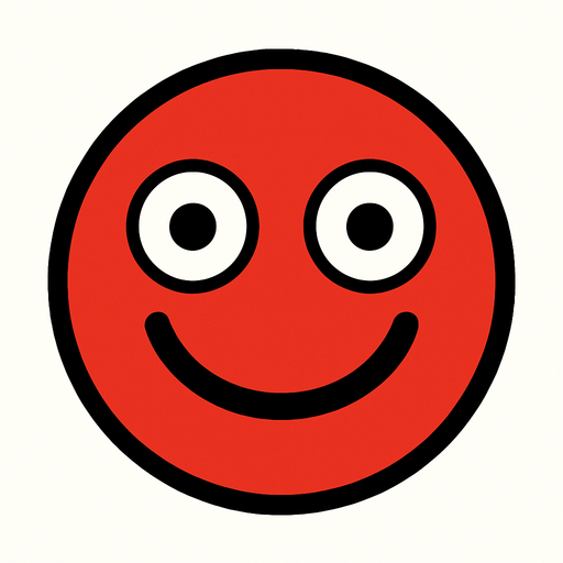 Red ball with two white eyes, inside the eyes are medium sized black dots, and a black smiley mouth.
In-Game asset.  2d.  High contrast.  No shadows
