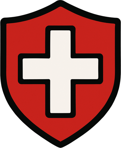 a red shield with a white cross on it.
In-Game asset.  2d.  High contrast.  No shadows