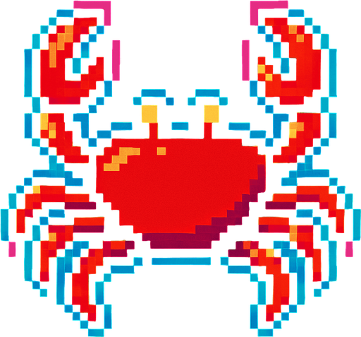 A small red crab. 80s arcade machine graphics..
In-Game asset.  2d.  High contrast.  No shadows