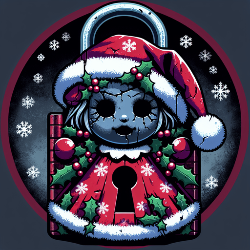 eerie christmas inspired christmas doll lock with a resident evil style.
Single Game Texture. In-Game asset. 2d. Blank background. High contrast. No shadows.