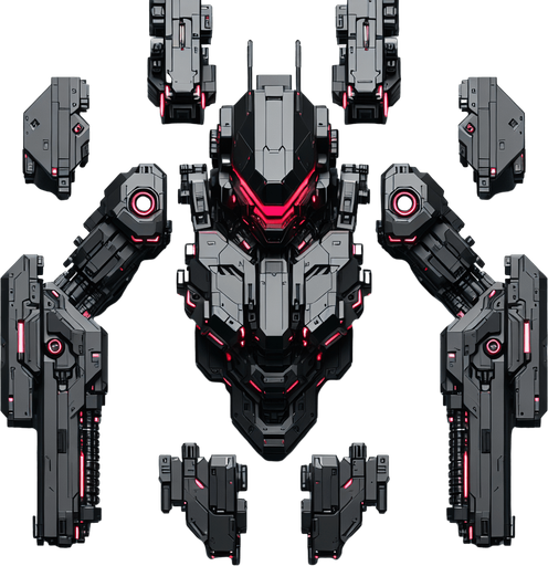 Overhead view. A sleek battle robot with a wide red visor across the head. Three distinct parts, body and two arms. Symmetrical design. Birds Eye view above them looking down on their head. Simple shapes. Low detail. Cyberpunk, black with red glowing highlights..
Single Game Texture. In-Game asset. 2d. Blank background. High contrast. No shadows.