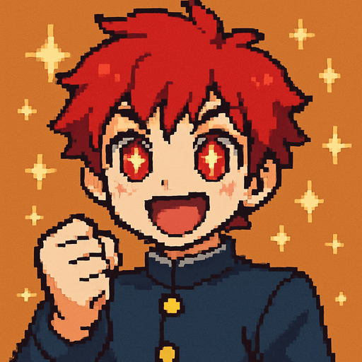 A kawaii anime boy with intense red eyes, each containing shining stars. He raises his fist forward with determination, wearing a wide, open smile full of enthusiasm. Sparkles and glimmers float around him, symbolizing hope. The entire scene is rendered in Pixel Art style.