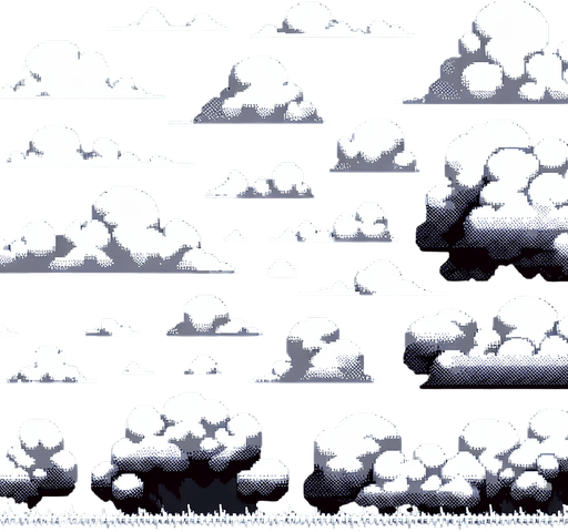 pixel art clouds.
Single Game Texture. In-Game asset. 2d. Blank background. High contrast. No shadows.
