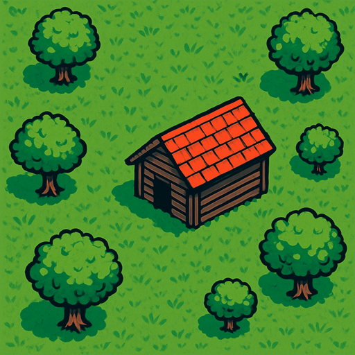 a top view of a grass field with a cabin and some trees.
In-Game asset.  2d.  High contrast.  No shadows