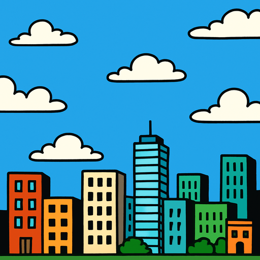 fondo de caricatura 2d, en la parte de abajo se vea edificios de ciudad y el 70% que sea del cielo.
In-Game asset.  2d.  High contrast.  No shadows