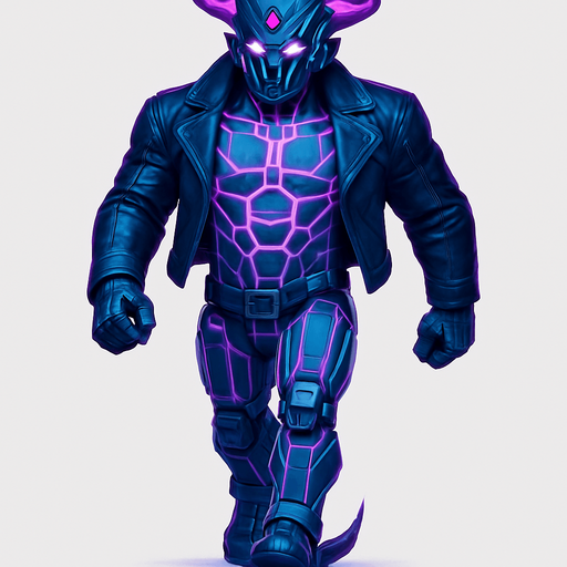 Black leather biker jacket longsleeves bare segmented neon cyberpunk pecs abs muscles robot monster hunk Neon cyberpunk 3d hologram corporate occult demon android mecha robot sentinel guard soldier machine monster fully in frame no part cut off no background anime futuristic Background removed, "Full-body character, entirely in frame, no cropping of face, head, or feet" "Complete character visible, from head to toe, fully centered in the image" "Entire character, including face and boots, fully within the frame" Character fully contained within a square frame, no edges cut off  horns through boots Walking animation forward