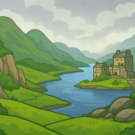 A 2D cartoon-style background inspired by the scenic landscapes of Scotland. Include lush green hills, rocky cliffs, a winding river or loch, and a historic Scottish castle in the distance (like Eilean Donan). Add some rolling mist or cloudy skies for atmosphere. Style should be colorful, clean, and game-friendly — flat illustration or soft-shaded vector. Ideal for a music game featuring bagpipes. Export as a wide landscape (1920x1080) with transparent or fixed background, no text or UI..
In-Game asset.  2d.  High contrast.  No shadows