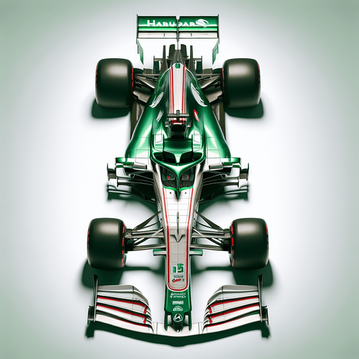 F1 Jaguair race car. Shiny green body. white Jaguar animal logo on body. thin red and white stripes. white front wings and white rear wing.  TOP VIEW!.
Single Game Texture. In-Game asset. 2d. Blank background. High contrast. No shadows.