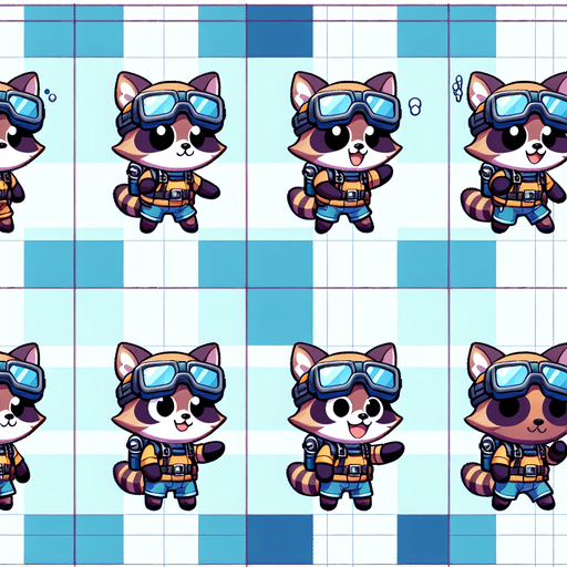 A spritesheet with a number of poses of a cartoonish raccon cub in scuba gear, smiling, walking, waiting, standing, ordering, turning, etc. all seen from the side.The spritesheet should be laid out in a rectangular grid with clear space between each individual sprite. Each sprite in the sheet should be around 300x600 pixels in size..
Single Game Texture. In-Game asset. 2d. Blank background. High contrast. No shadows.