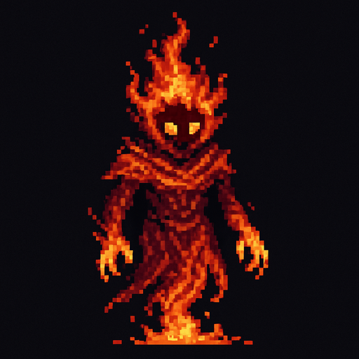 Ateş ruhu karakteri dark souls style 2d pixel art.
In-Game asset.  2d.  High contrast.  No shadows
