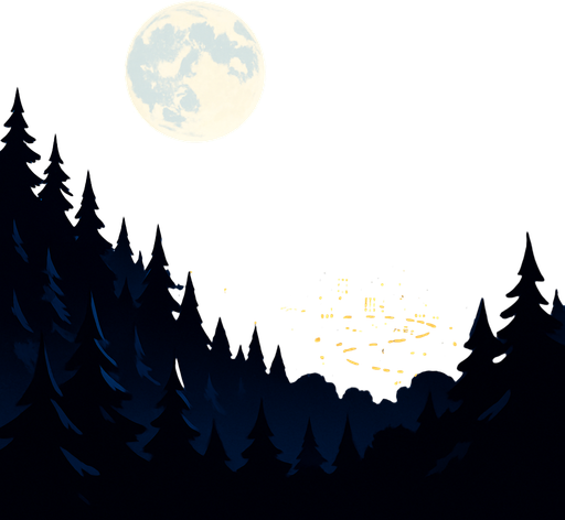 malam bulan purnama diatas hutan dataran tinggi. di kejauhan nampak kota di malam hari.
In-Game asset.  2d.  High contrast.  No shadows