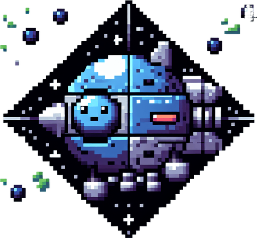 8-bit pixelated isometric blueberry-shaped UFO with a cute fruit inside.
Single Game Texture. In-Game asset. 2d. Blank background. High contrast. No shadows.