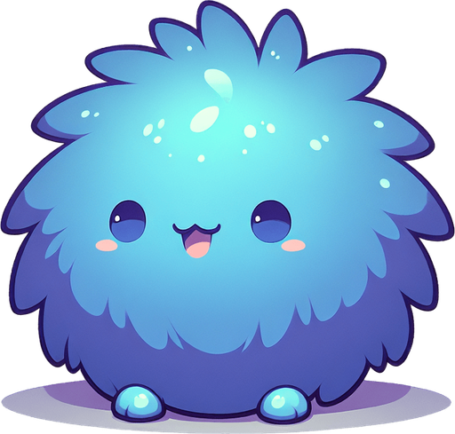 a colbalt blue furry cuddly ball of fur. little feet. No ears. cute happy face. Cartoon style. Cute art style. Simple vector style. Pastel colors, flat shaded, vector art. Single Game Texture. In-Game asset. 2d. Blank background. High contrast. No shadows