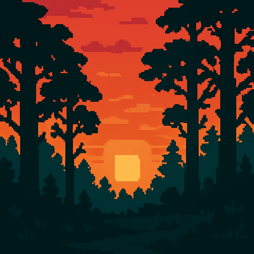 Draw me an image of a forest as the sun sets in the evening. 2d pixel.
In-Game asset.  2d.  High contrast.  No shadows