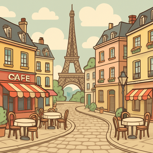 A charming cartoon-style Paris street scene with the Eiffel Tower, cobblestone roads, and café tables. Soft colors and romantic ambiance. Designed for an accordion-themed music game. Export as wide PNG..
In-Game asset.  2d.  High contrast.  No shadows