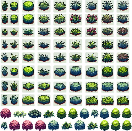 Create a sprite sheet showing various bushes and grass.  The design should exclusively include overhead views. Arrange the components on a dark background, neatly aligning each part in rows and columns for easy identification and use in game development..
Single Game Texture. In-Game asset. 2d. Blank background. High contrast. No shadows.