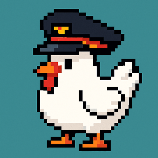 White chicken  military hat style 2d pixel 1980.
In-Game asset.  2d.  High contrast.  No shadows