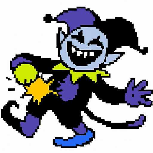 Jevil de deltarune capitulo uno siendo golpeado en el estomago echandose un poco para atras aunque con una risa loca en su rostro (pixeleado con fondo blanco).
In-Game asset.  2d.  High contrast.  No shadows