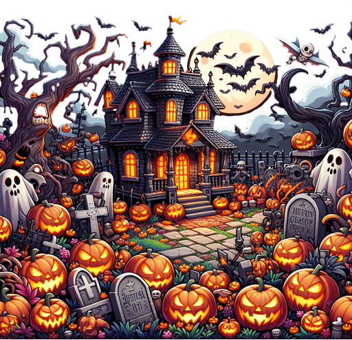 Generate a high quality cartoon background Halloween image on a black canvas similar to the format of where is waldo.
Single Game Texture. In-Game asset. 2d. Blank background. High contrast. No shadows.