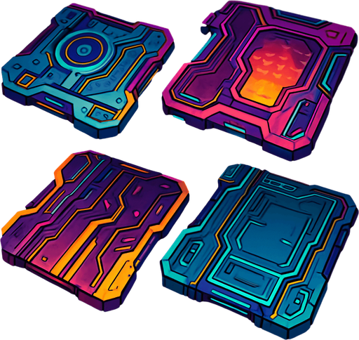 Futuer complicated floors. Cyberpunk. Abstract. separated. Different colors. HD colors.
In-Game asset.  2d.  High contrast.  No shadows