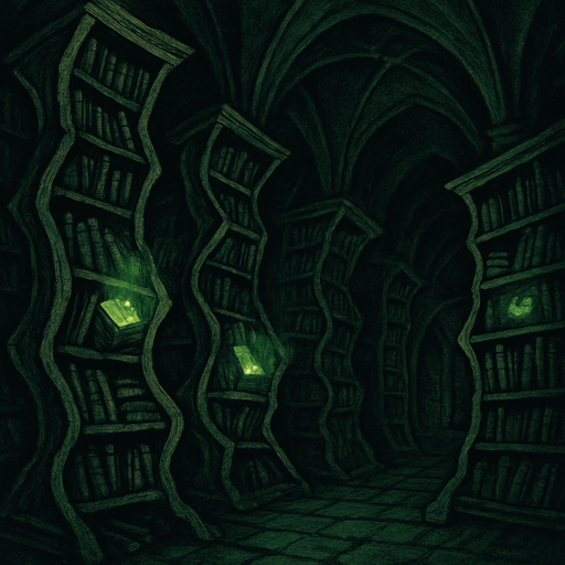 A cursed medieval library with twisted bookshelves, dark green glow from cursed tomes, whispers echoing through shadowed halls, realistic.
In-Game asset.  2d.  High contrast.  No shadows