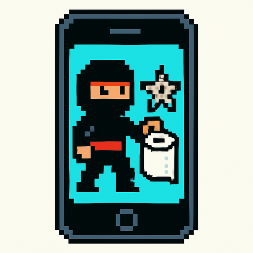 un iphone en pixel art que tenga en la pantalla un ninja con una estrella y un rollo de papel higienico estilo comico.
In-Game asset.  2d.  High contrast.  No shadows