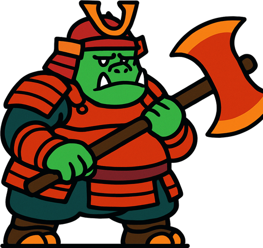 side scroller image fat orc samurai front holding big axe.
In-Game asset.  2d.  High contrast.  No shadows