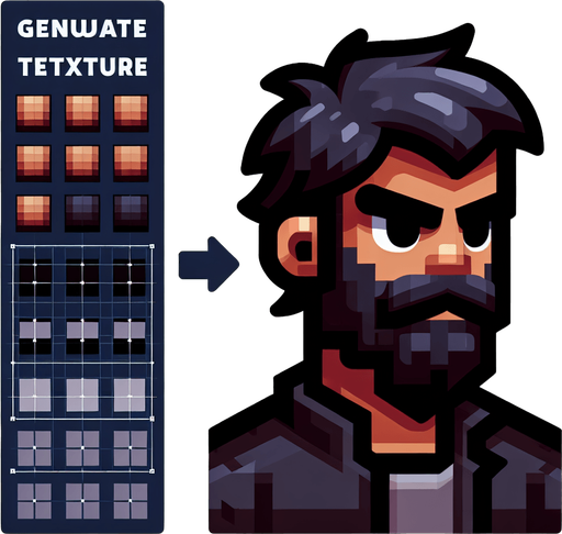 bearded man with dark hairs.
Single Game Texture. In-Game asset. 2d. Blank background. High contrast. No shadows.