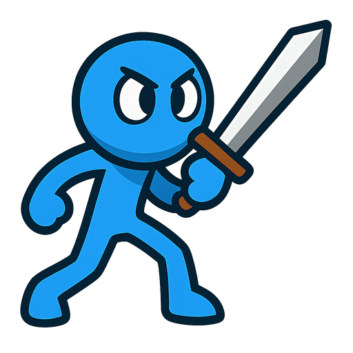 Blue stickman with a sword.
In-Game asset.  2d.  High contrast.  No shadows