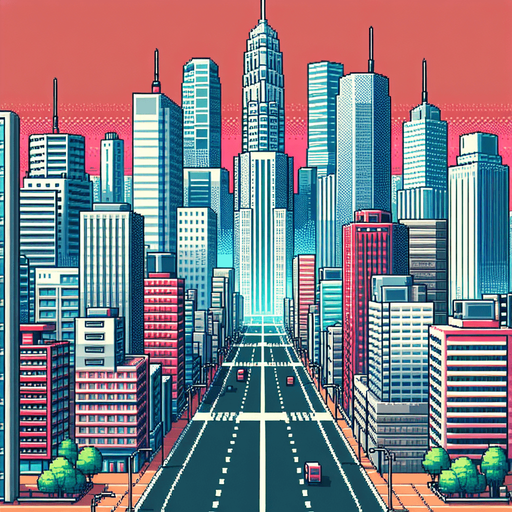 city with skyscrapers with a big street at the bottom.
in-Game background asset. 2d. High contrast. No shadows. 8bit.