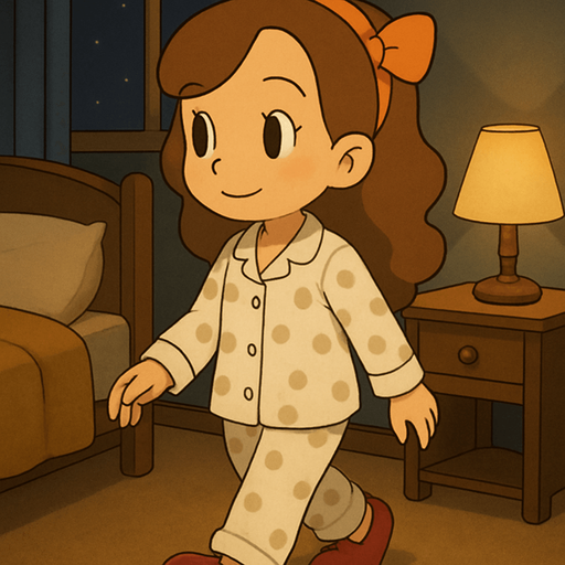 This girl in her pyjamas in her  bedroom going to sleep